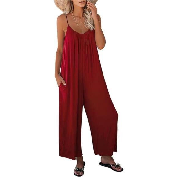 Women Summer Casual Boho Wide Leg Jumpsuits Burgundy - Picture 1 of 6